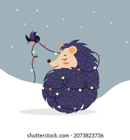 The bird decorates the hedgehog with a Christmas garland for the holiday. Cartoon-style characters. Christmas print. Vector illustration