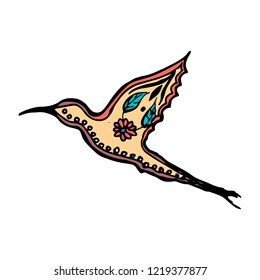 Bird with decorative ornament, hand drawn sketch, vector illustration