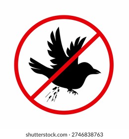 A bird defecating icon with a red circle. The concept of many birds defecating indiscriminately. Isolated on a white background. Perfect for animal
