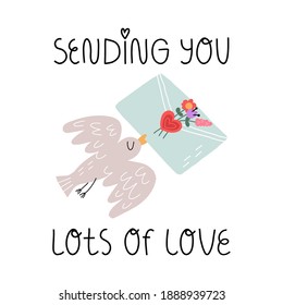A bird deliver big love letter with wax seal and flowers. Sending you lots of love lettering. Valentine's day greeting card design. Vector isolated illustration.