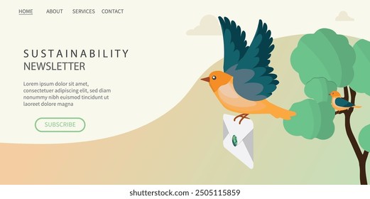 Bird Delivering Newsletter Envelope with Sustainability Theme. Environmental newsletter. Eco friendly practices. Environmental vector illustration