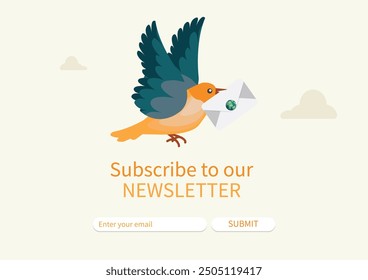 Bird Delivering Newsletter Envelope with Sustainability Theme. Environmental newsletter. Eco friendly practices. Environmental vector illustration. Sustainability newsletter