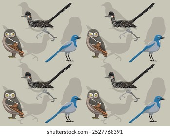 Bird Desert Owl Roadrunner Jay Cartoon Cute Seamless Wallpaper Background