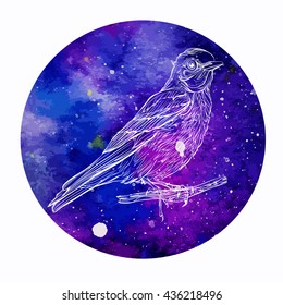 bird. Detailed  drawing of a bird. Vector illustration isolated on watercolor background