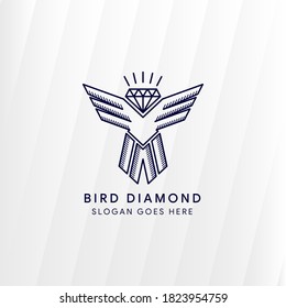 bird diamond logo design template use light blue color with line style. 
