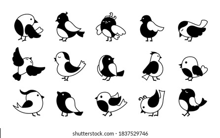 Vogel in verschiedenen Pose schwarz glyph Cartoon Set. Kleine, fliegende Vögel. Handgezeichnete abstrakte Ikone. Modernes trendiges Logo. Vektorgrafik