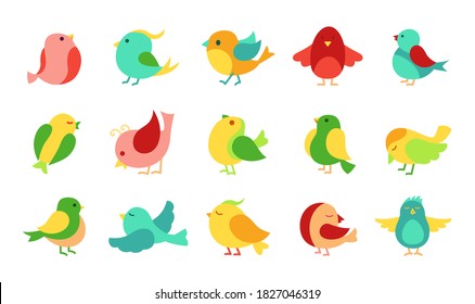 Bird in different pose cartoon set. Cute colorful little flying birds. Hand drawn flat abstract icon. Modern trendy logo. Vector illustration