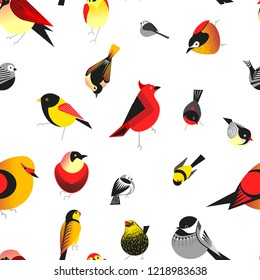 Pájaros diferentes tipos de animales bullfinch vectores de patrón sin costura. Resplandor con mandíbula superior e inferior, plumaje de criatura que tenga alas y que vuele. Aves de corral con cola, representativas de la naturaleza