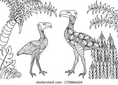 Bird dinosaur drawing lines, vector is suitable for any graphic design project. The prehistoric period. Jurassic plants. Anti-stress coloring. Design for wallpaper. Children s coloring. Wildlife.