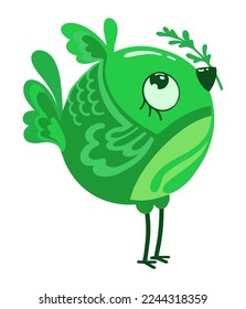bird doodle colored green with a twig in its beak character icon sketch isolated on white background sparrow with patterns stylized illustration vector hand drawn