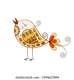 A bird with a doodle pattern on a white background. Colorful decorative element for the design of postcards, invitations, textiles, fabrics.