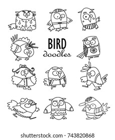 Bird doodle set. Collection of cute hand drawn bird