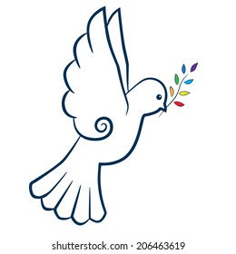 Bird or dove with color branch stylized. International Day of Peace. Peace symbol. Vector illustration.