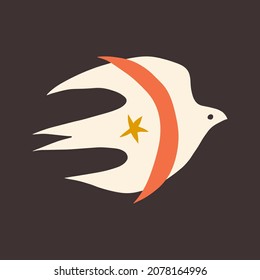 Bird dove flying childish cartoon boho naive funky handdrawn style art 