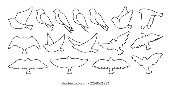 Bird dove linear abstract sign set. Doodle modern trendy fowl or sparrow, dove pigeon outline illustration. Cute various simple contour birds songbird collection. Drawing vector graphic elements