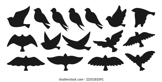 Bird dove silhouette shape set. Modern trendy abstract fowl sparrow, dove pigeon figure illustration. Cute various simple contour birds songbird collection. Drawing engraved press graphic elements