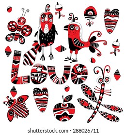 Bird, dragonfly, butterfly and beetle on a white background.