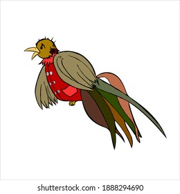 Bird dressed in a vest. Stock vector illustration. Isolate on a white background. Coloring book. 