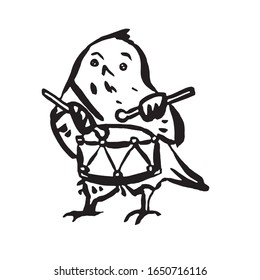 The bird is drumming. Hand-drawn in line art style. Monochrome vector illustration. Isolated on white.