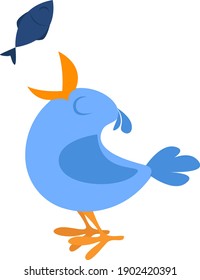 Bird eating fish, illustration, vector on a white background.