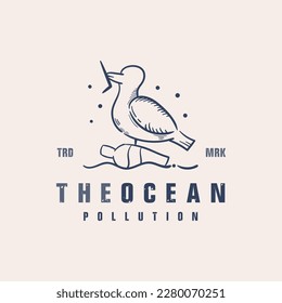 El pájaro come plástico. Contaminación marina. Basura oceánica, basura, basura y plástico. Guardar el logotipo del concepto de tierra icono ilustración a mano