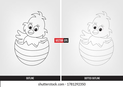 Bird with egg illustration color and trace, tracing worksheet for preschool and kindergarten vector