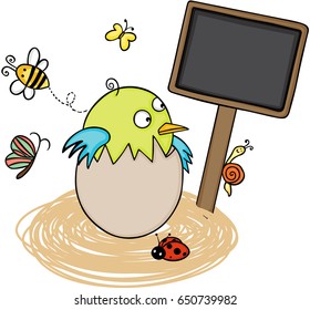 Bird in egg nest with blank wood sign
