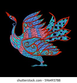 Bird. Embroidery. Embroidered design element  bird  in vintage style on a black background. Stock vector illustration.