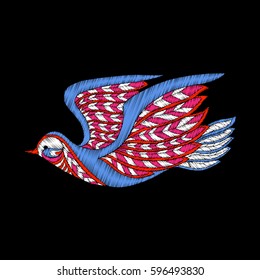 Bird. Embroidery. Embroidered design element  bird  in vintage style on a black background. Stock vector illustration.
