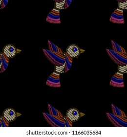 Bird embroidery seamless pattern stitches imitation. Vector colorful bird seamless for card, print and design.