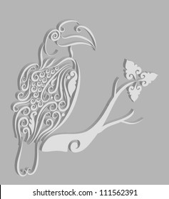 Bird engraving 1. Toucan bird vector with relief effect