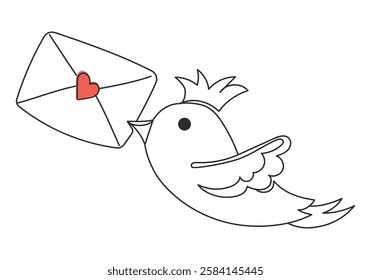 Bird with envelope in beak continuous line. Vector illustration of bird with love envelope with heart drawn in one line. Linear, minimalistic illustration