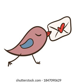 pájaro con un sobre en su pico con corazón - sobre postal - ilustración de estilo de historieta