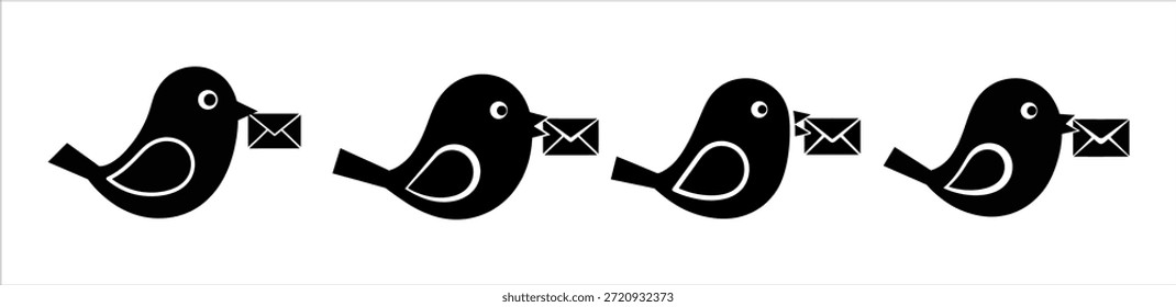 Pájaro con el icono del sobre fijado. Colección de Vector de pájaro postal. Silueta de pájaro negro que lleva el correo aislado en el fondo blanco. Iconos de entrega de mensajes. Símbolos de letras y aves. Ilustración vectorial.