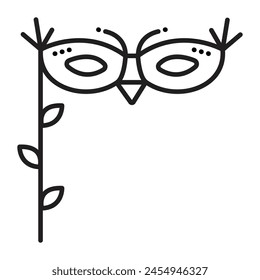 Bird eye masquerade masks with a stick, vector black line icon