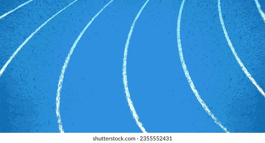 Bird eye perspective view of a blue turning running track divided into stripes by white markings. Textured stadium cover. Background for sports competitions and marathons. Vector illustration.