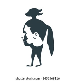 A bird or face profile view. Optical illusion. Bird with body of human head