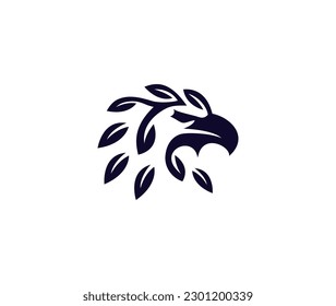 Bird falcon and circle frame logo design, eagle or hawk leaf badge emblem vector icon design