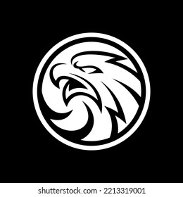 Bird falcon and circle logo design, eagle or hawk badge emblem vector icon on dark background