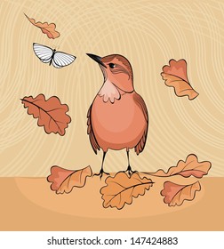 bird, fallen leaves and butterfly -vector drawing