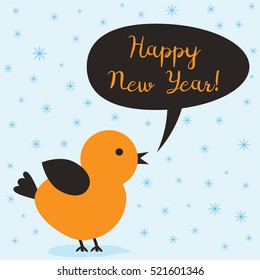 Bird in falling snowflakes. Coloured card. Speech bubble with text Happy New Year!