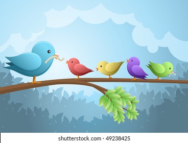 Bird Family Breakfast. Vector Illustration.