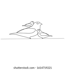 Bird family line drawing vector illustration