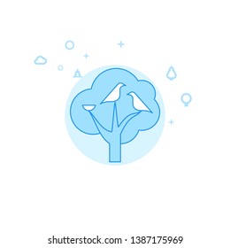 Bird Family with Nest on the Tree Flat Vector Icon. Wild Tree Illustration. Light Flat Style. Blue Monochrome Design. Editable Stroke. Adjust Line Weight.