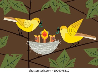 Bird Family. Parents Couple Feeding Hungry Newborn Baby Birds Sitting In Straw Nest. Cute Comic Cartoon. Minimalism Simplicity Wildlife Design. Template Vector Birdwatching, Nature Care Background