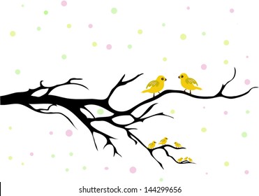 the bird family, yellow birds in a tree