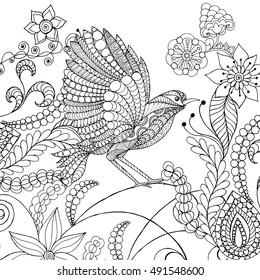 Bird in fantasy flowers. Hand drawn doodle. Ethnic patterned illustration. African, indian, totem tatoo design. Sketch for avatar, tattoo, poster, print or t-shirt.