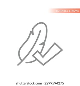 Bird feather and checkmark line vector icon. Lightweight outline symbol.