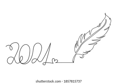 Bird Feather Concept With Lettering 2021 . Christmas Greeting Card. One Line Drawing. Vector Illustration Continuous Line Drawing. China New Year