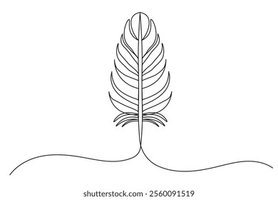 Bird feather continuous one line drawing of feather isolated outline flat vector illustration
